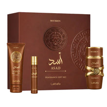Asad Bourbon for Men 3 piece EDP Gift Set by Lattafa (3.4oz EDP, 3.4oz shower gel, 0.4oz travel spray)