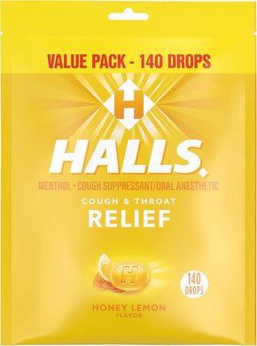Halls Relief Honey Lemon Cough Drops, Value Pack, 140 Drops