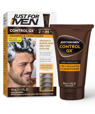 Just For Men Control GX Grey Reducing 2-in-1 Shampoo and Conditioner, Gradual Hair Color for Stronger and Healthier Hair, 4 Fl Oz