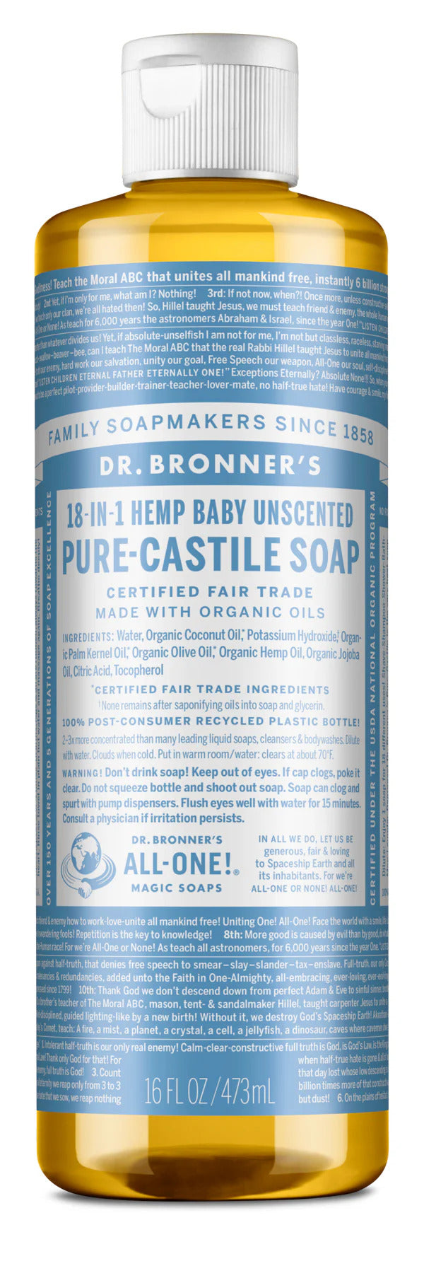 Dr Bronner's 18-In-1 Hemp Baby Unscented Pure-Castile Soap 16fl oz 473ml