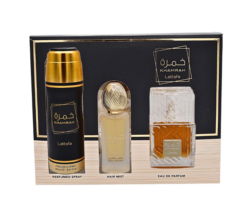 3-Piece Gift Set Khamrah By Lattafa 100ml 3.4 FL OZ Eau De Parfum, Perfumed Spray & Hair Mist