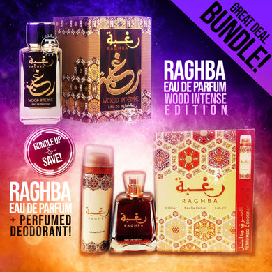 BUNDLE Raghba ( With Deo Spray! ) AND Raghba Wood Intense Eau De Parfum 100ML 3.4 FL OZ By Lattafa