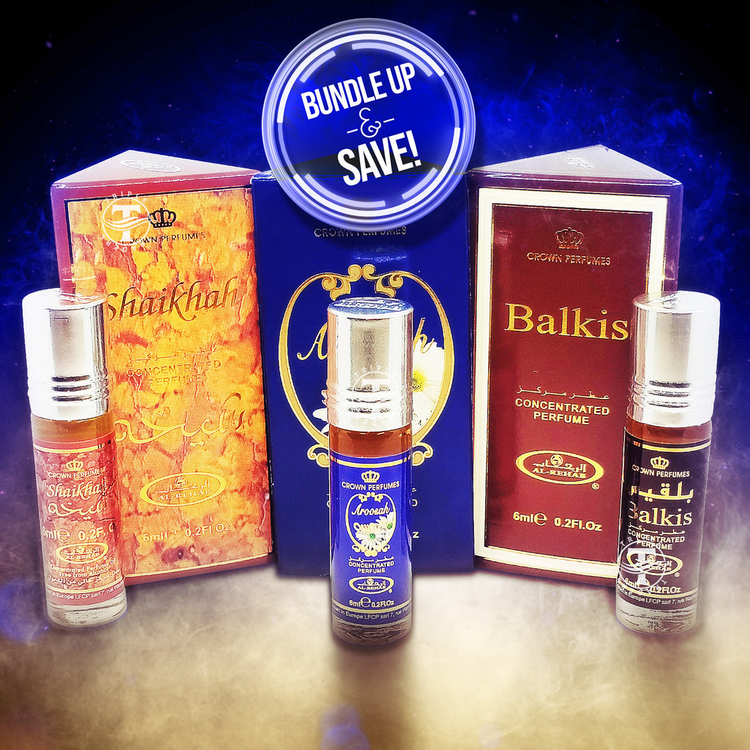 BUNDLE 3x Perfumed Oils - Shaikah - Aroosah - Balkis - By Crown Perfumes Al-Rehab 6ml Each