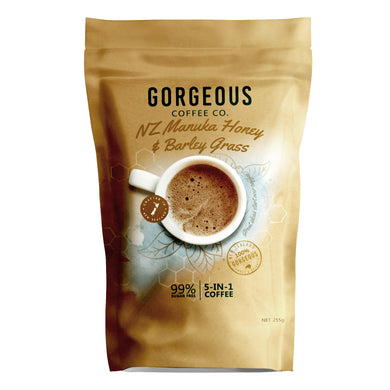5-in-1 Instant Coffee 99% Sugar Free - Gorgeous Coffee - New Zealand - Organic Barley Grass, Manuka Honey * NEW IN THE U.S. *