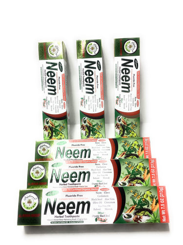 ( 6 Pack) Organic Neem 10 in 1 Fluoride Free Toothpaste - Neem, Clove, Black Seed, Cardamom, Aloe Vera, Tree Oil, Miswak, Clove - Herbal Blend - 7.05 oz