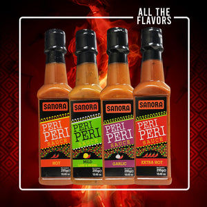 4X BUNDLE Peri Peri Sauce - ALL FLAVORS - HOT - EXTRA HOT - MILD LIME & HERBS - GARLIC - By Sanora 295mg Each -  Delicious Hot Sauce Salsa